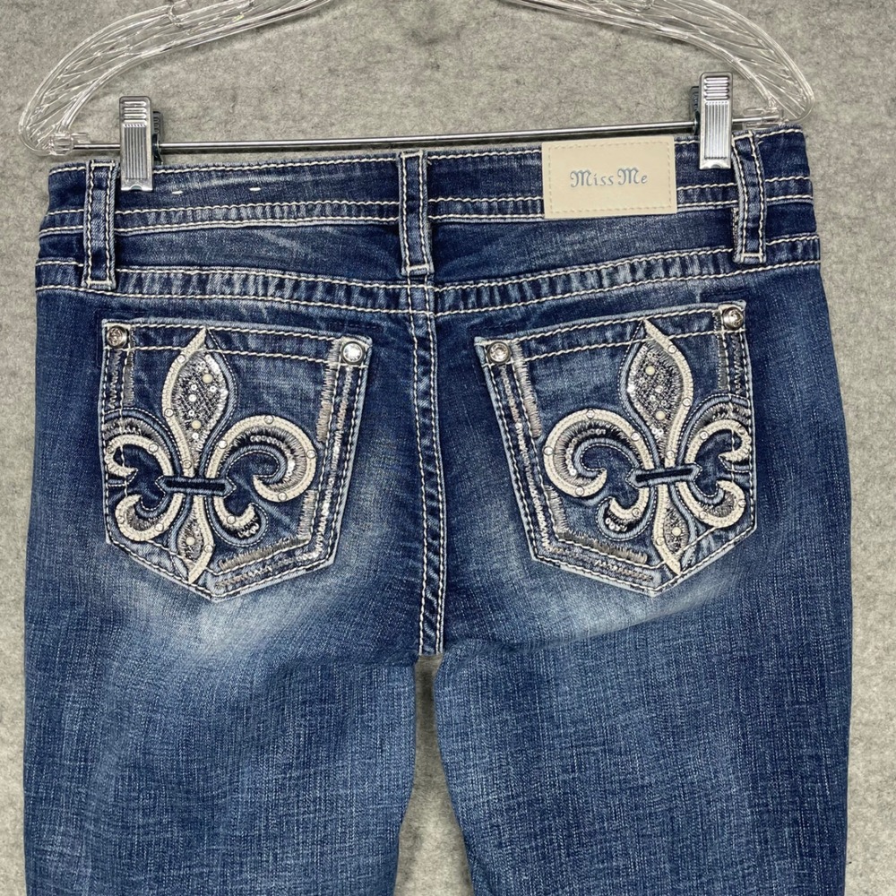 Miss Me Jeans Women 29 Blue Low Rise Skinny Fleur De Lis Embellished Y2K Western